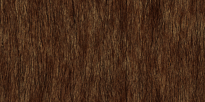 Seamless tree bark background texture closeup. Tileable panoramic natural wood oak, fir or pine forest woodland surface pattern. Rustic detailed dark reddish brown wallpaper backdrop. 3D rendering..