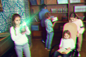 Focused tween children trying to solve riddles in quest room. Toned image with visual effect