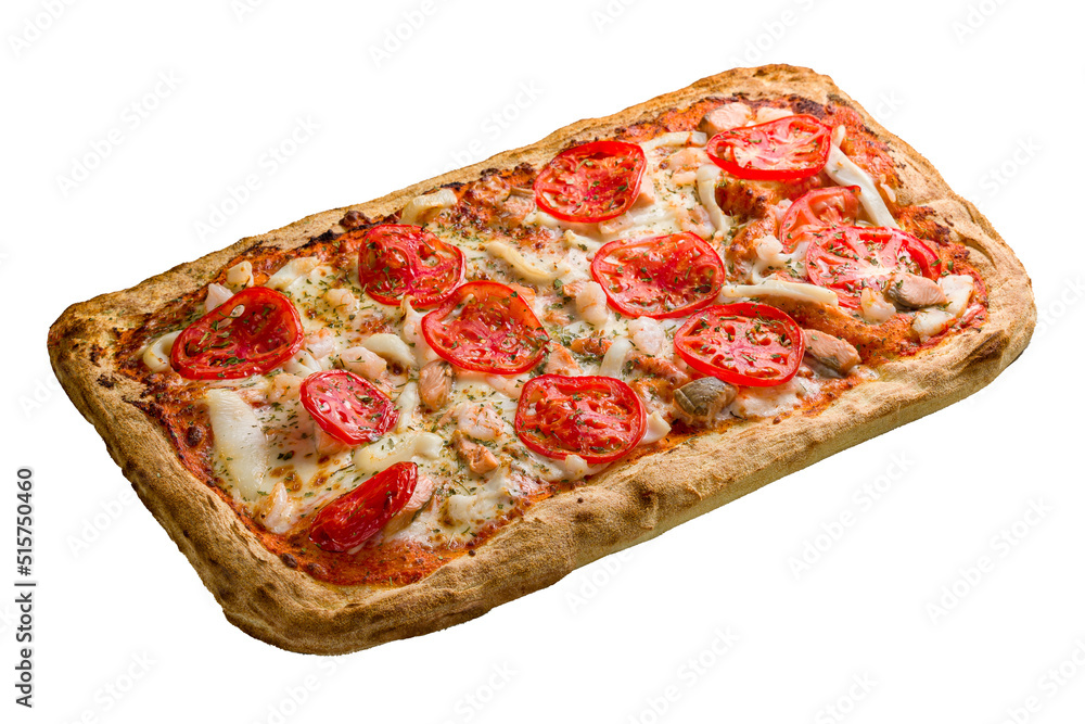 Wall mural Pizza with salmon and tomatoes on Roman dough isolated on white background side view