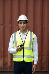 Worker, employee, or officer using radio at the job, American worker, Asian worker