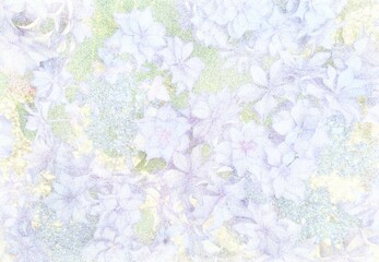 Stippling art. Blue and purple hydrangea. Floral background in dotwork style.
