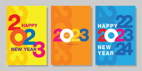 2023 colorful set of Happy New Year posters. Design templates for celebration and season decoration using the typographic logo 2023. Trendy minimal backgrounds for branding, banners, covers
