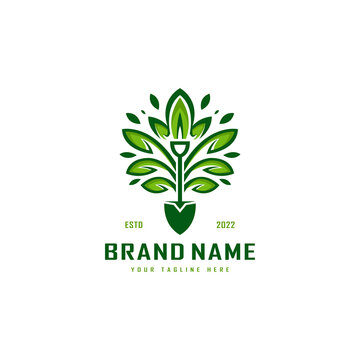 Shovel tree and green leaf nature vector icon logo design illustration