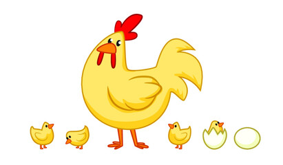 Chicken and Chicks vector colorful isolated illustration