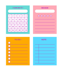Set of colorful notes, calendars, reviews, memo paper illustrations.
