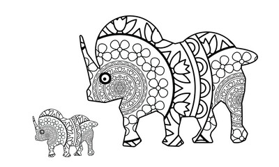 Zentangle stylized cartoon rhino (rhinoceros), isolated on white background. Hand drawn sketch for adult antistress coloring page, T-shirt emblem, logo or tattoo with doodle, zentangle design elements