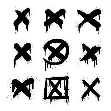 collection of Spray painted graffiti check mark in black over white. X drip symbol. isolated on white background. vector illustration