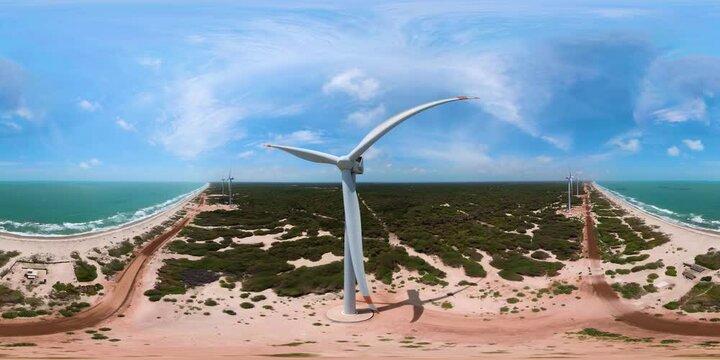 Wind turbines for electric power production on the seashore. Ecological landscape. Sri Lanka. 360-Degree view.