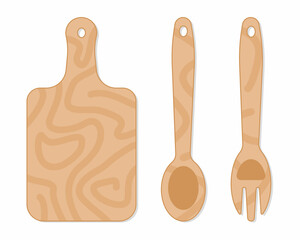 Fork, spoon and wooden board. Cook's kitchen accessories.