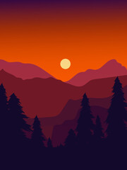 Beautiful peaceful mountain landscape at sunrise and sunset, majestic nature background, banner,poster, cover set vector illustration.