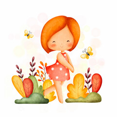 Watercolor Illustration cute girl in garden 
