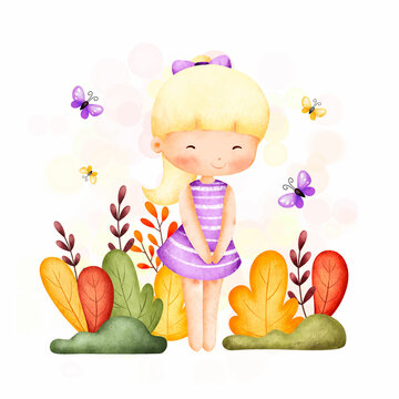 Watercolor Illustration cute girl in garden 