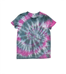 Pink and gray T-shirt decorated in tie dye style isolated on a white background.