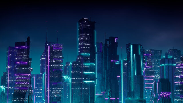 Futuristic Metropolis with Purple and Cyan Neon lights. Night scene with Visionary Architecture.