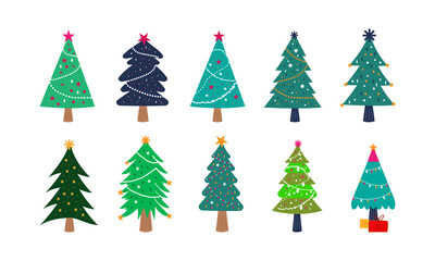 Set of Christmas trees. New Years and xmas traditional symbol tree with garlands, light bulb