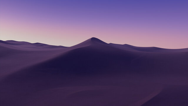 Dusk Landscape, with Desert Sand Dunes. Surreal Contemporary Background with Lilac Gradient Sky