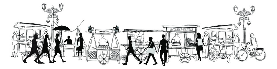 Vector illustration of street food vendors and pedestrians in Indonesia © klopo