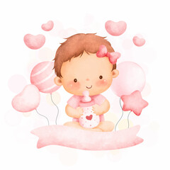 Obraz na płótnie Canvas Watercolor illustration cute baby girl and balloons 