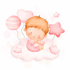 Watercolor illustration cute baby girl sitting on the cloud 