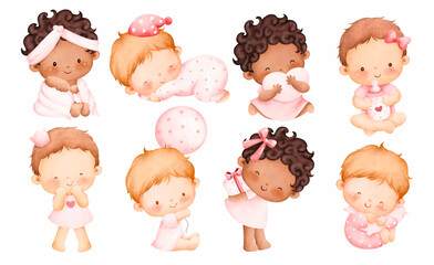 Watercolor illustration set of cute baby girl  - Powered by Adobe