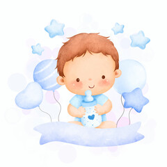 Watercolor illustration cute baby boy and balloons  - obrazy, fototapety, plakaty