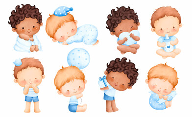 Watercolor illustration set of cute baby boy  - obrazy, fototapety, plakaty
