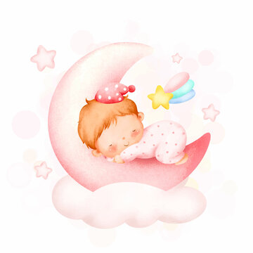 Watercolor illustration cute baby girl sleeping on the moon 