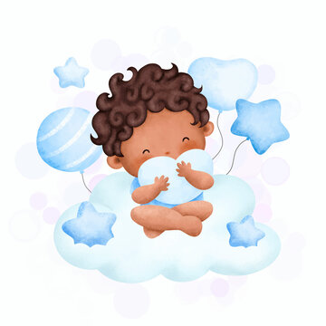 Watercolor illustration cute baby boy sitting on the cloud 