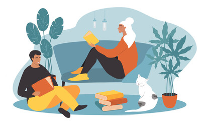 vector illustration in a flat style on the theme of reading paper books. man and woman reading books s
