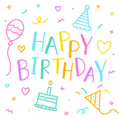 Cute Happy Birthday Party Confetti Colorful Pink Blue Green Orange Purple Violet Yellow Doodle Rainbow Color White Background Border Frame Invitation Card Square Icon Vector Illustration