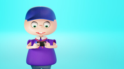 Cartoon character is playing a portable console. Boy plays a video game, 3d render