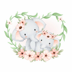 Watercolor mom and baby elephant in flower and leaves wreath