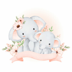 Obraz premium Watercolor mom and baby elephant with flowers and ribbon