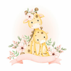Watercolor mom and baby giraffe with flowers and ribbon