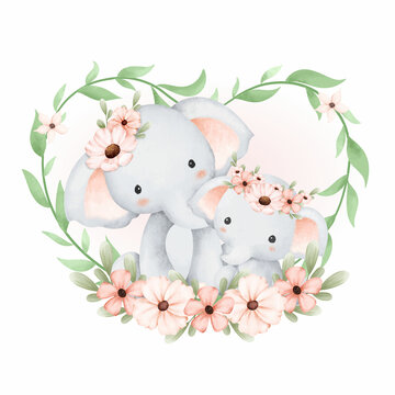 Watercolor mom and baby elephant in flower and leaves wreath © Stella