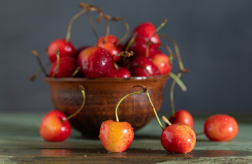 Still life with ripe and tasty cherries