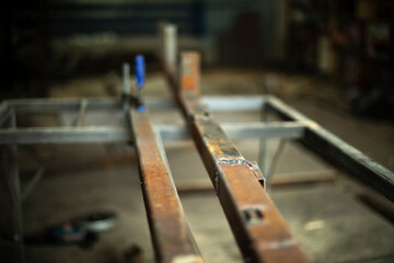 Metal in workshop. Garage for work. Steel processing.