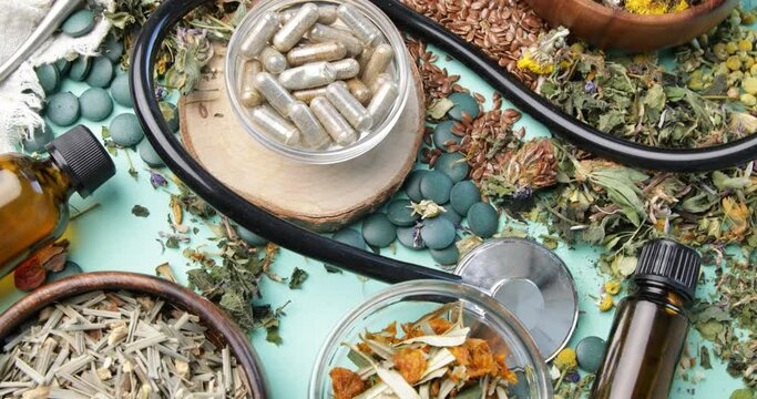 Herbal medicine, top view, rotation