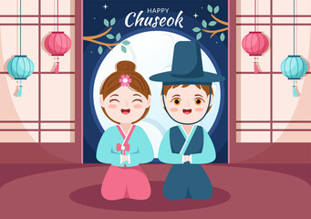 Happy Chuseok Day in Korea for Thanksgiving with People in Traditional Hanbok, Full Moon and Sky Landscape in Flat Cartoon Illustration