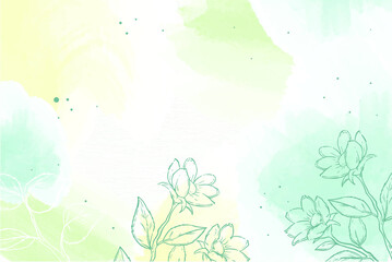Watercolour light blue, yellow and green floral background. Creative paintbrush lines texture for backdrop. Hand drawn paint strokes design artwork vector. 