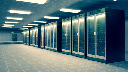 Server. Servers room data center. Backup, mining, hosting, mainframe, farm and computer rack with storage information. 3d rendering