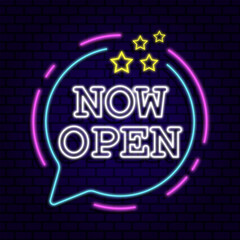 now open neon signs style glow effect logo typography lettering background banner illustration