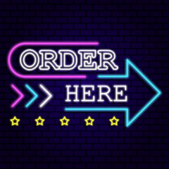 Obraz premium order here neon signs style glow effect logo typography lettering background banner illustration