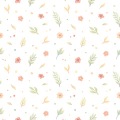 Watercolor floral hand drawn seamless pattern with illustration of simple flowers, branches, leaves, colorful polka dot. Spring elements isolated on white background. Nursery wallpaper fabric wrapping