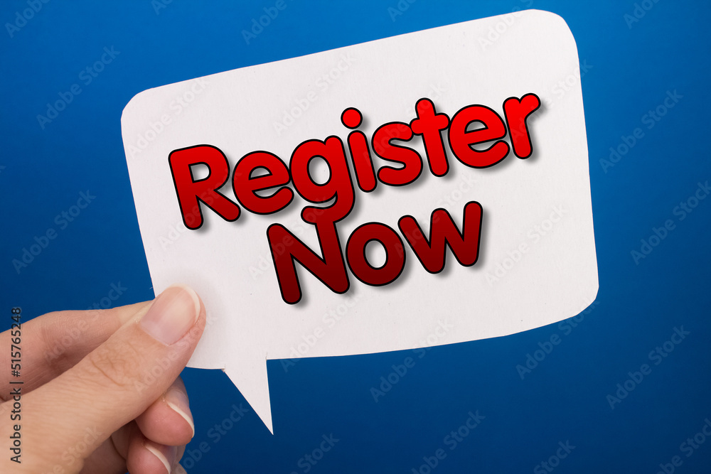 Aufkleber speech bubble in front of colored background with register now text.