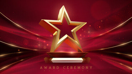 Award ceremony background with 3d gold star element and glitter light effect decoration.