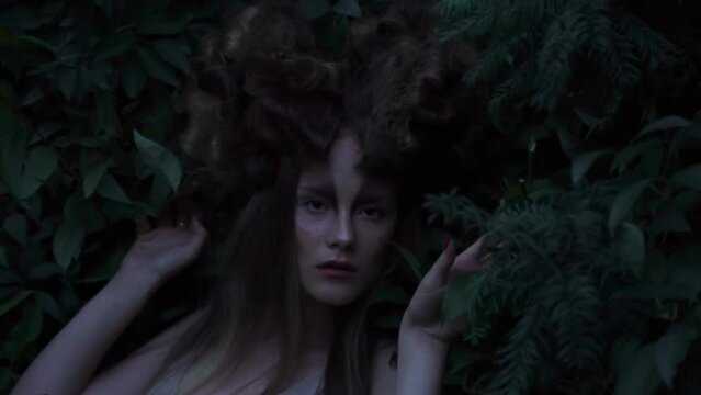 Girl in fairy forest. Fantasy woman summer deep beauty forest tree