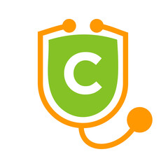 Letter C Healthcare Logo. Doctor and Medical Logotype on Letter C Concept with Shield Stethoscope Sign