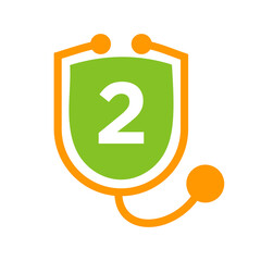 Obraz premium Letter 2 Healthcare Logo. Doctor and Medical Logotype on Letter 2 Concept with Shield Stethoscope Sign