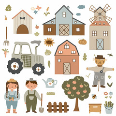 Vector farm set. Rural icons collection with funny kid farmers, barn, country house, tractor, windmill, fruit, vegetables, beehive. Cute flat garden illustration